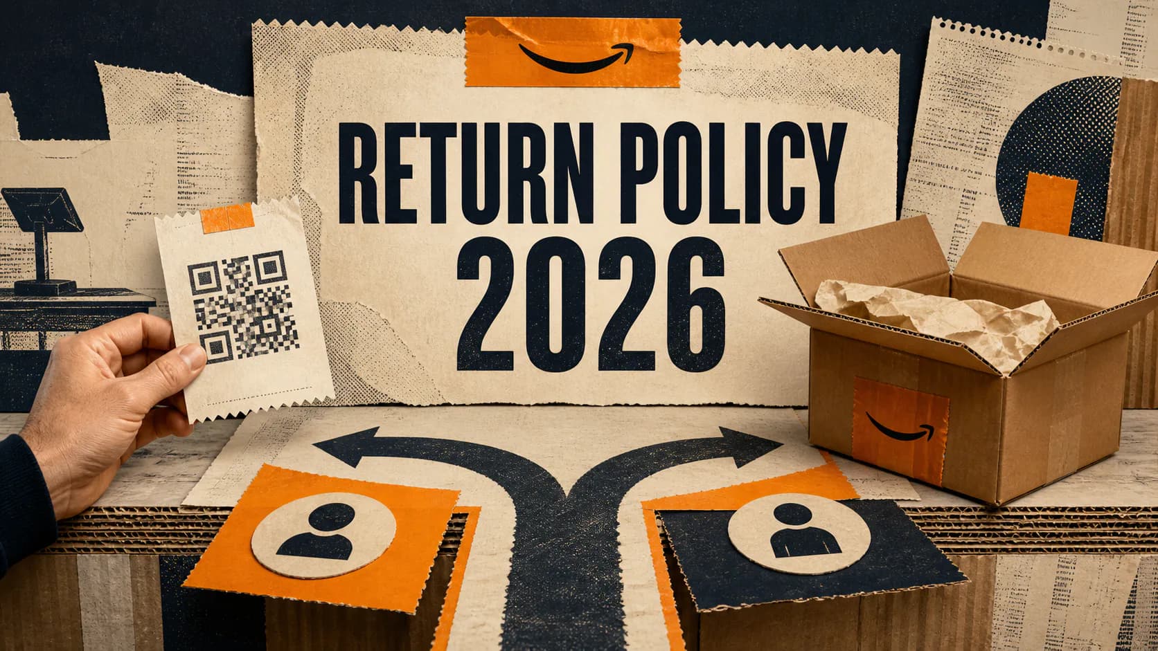 Return Policy 2026 headline beside a return slip, parcel, and branching shopper and seller paths in an orange and navy collage