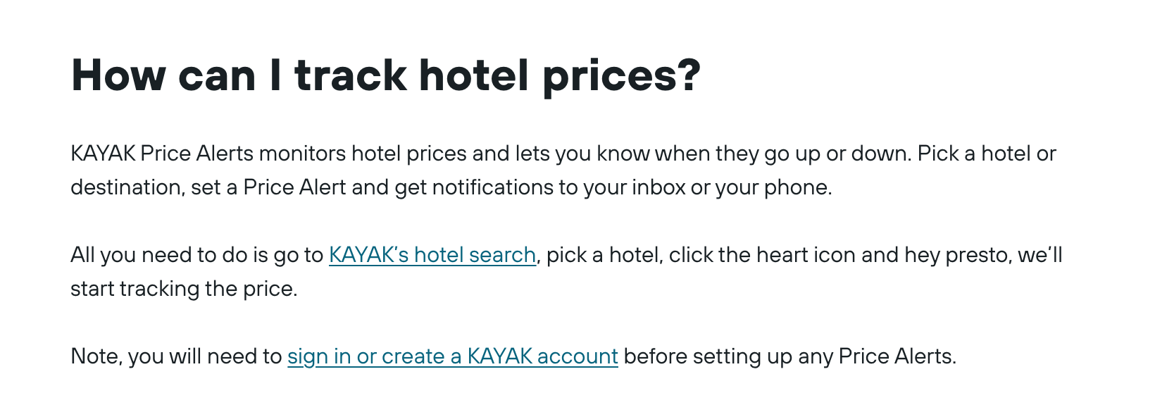 KAYAK article section explaining hotel Price Alerts