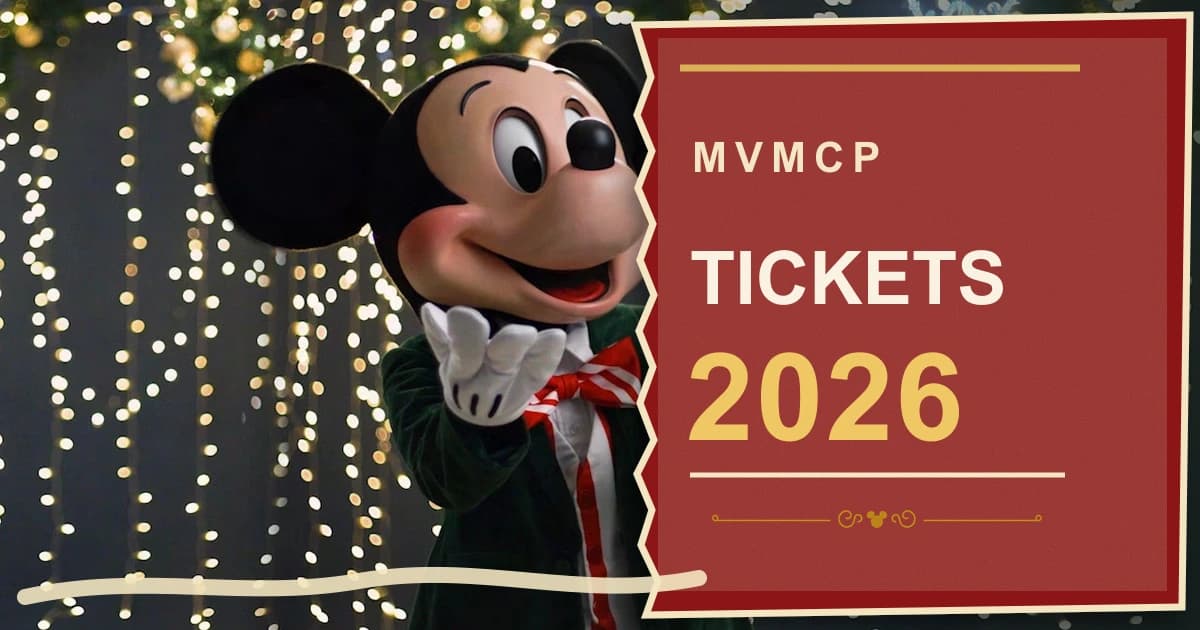 Mickey Mouse in holiday attire beside a red editorial panel reading MVMCP Tickets 2026