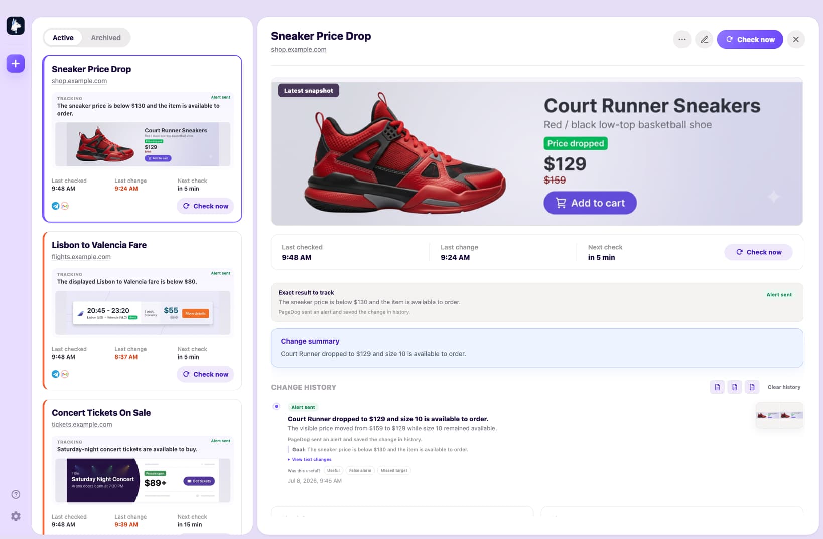 PageDog price-watch detail screen showing a Court Runner sneaker at 129 dollars, the exact below-130-dollar goal, alert-sent status, change summary, and local change history
