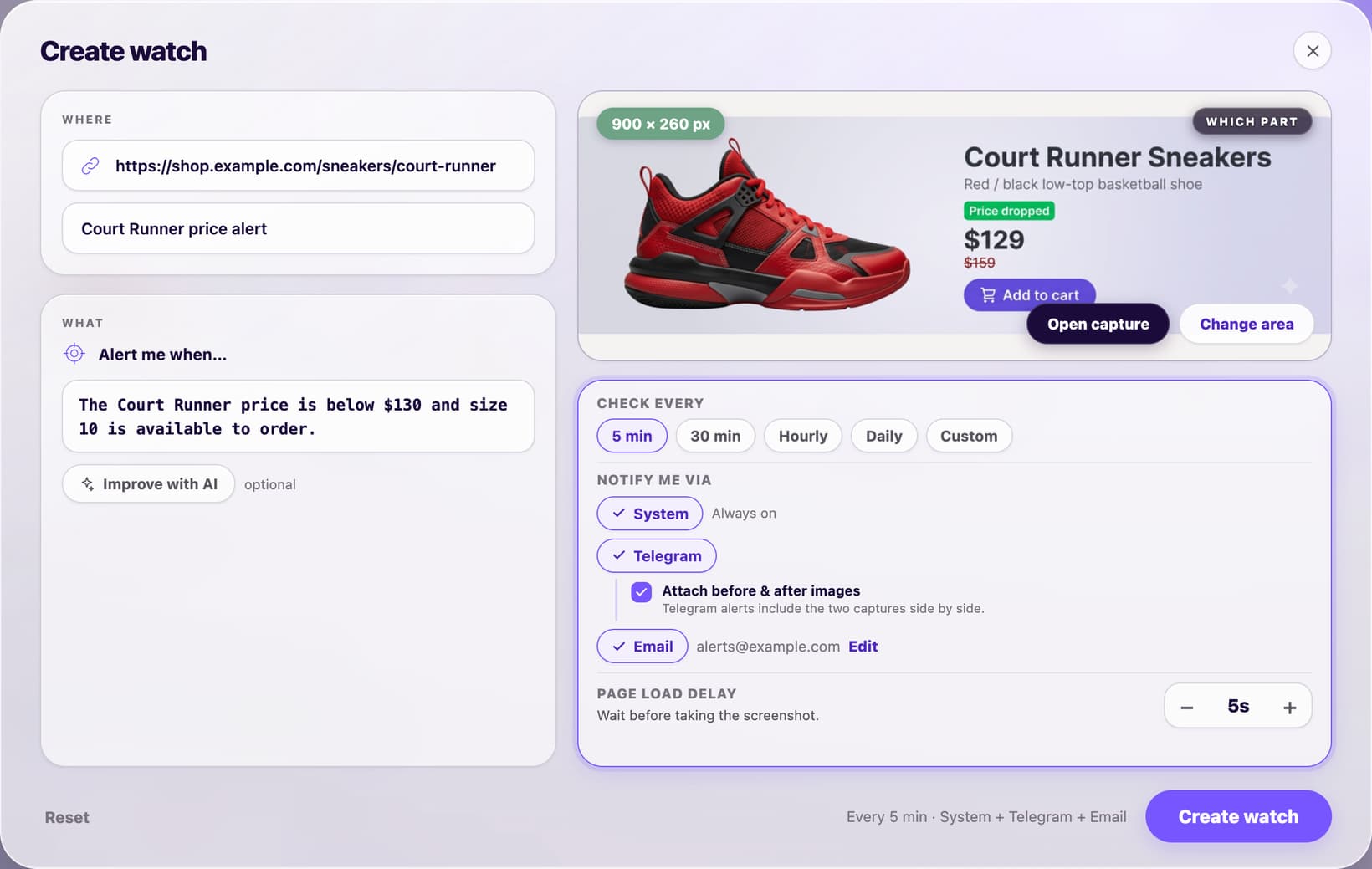 PageDog Create watch screen with a selected Court Runner sneaker offer, a below-130-dollar price goal, five-minute schedule, and system, Telegram, and email notifications
