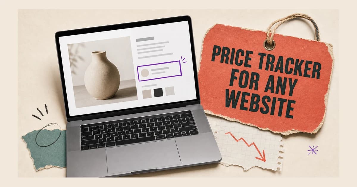 Laptop with one selected product-price area beside a coral paper tag reading PRICE TRACKER FOR ANY WEBSITE
