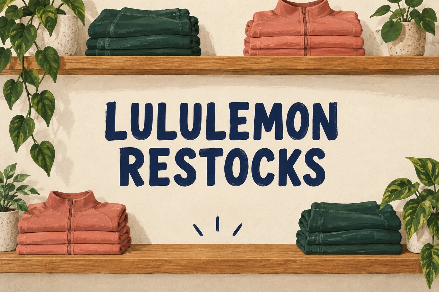 LULULEMON RESTOCKS in large navy letters surrounded by unbranded folded activewear