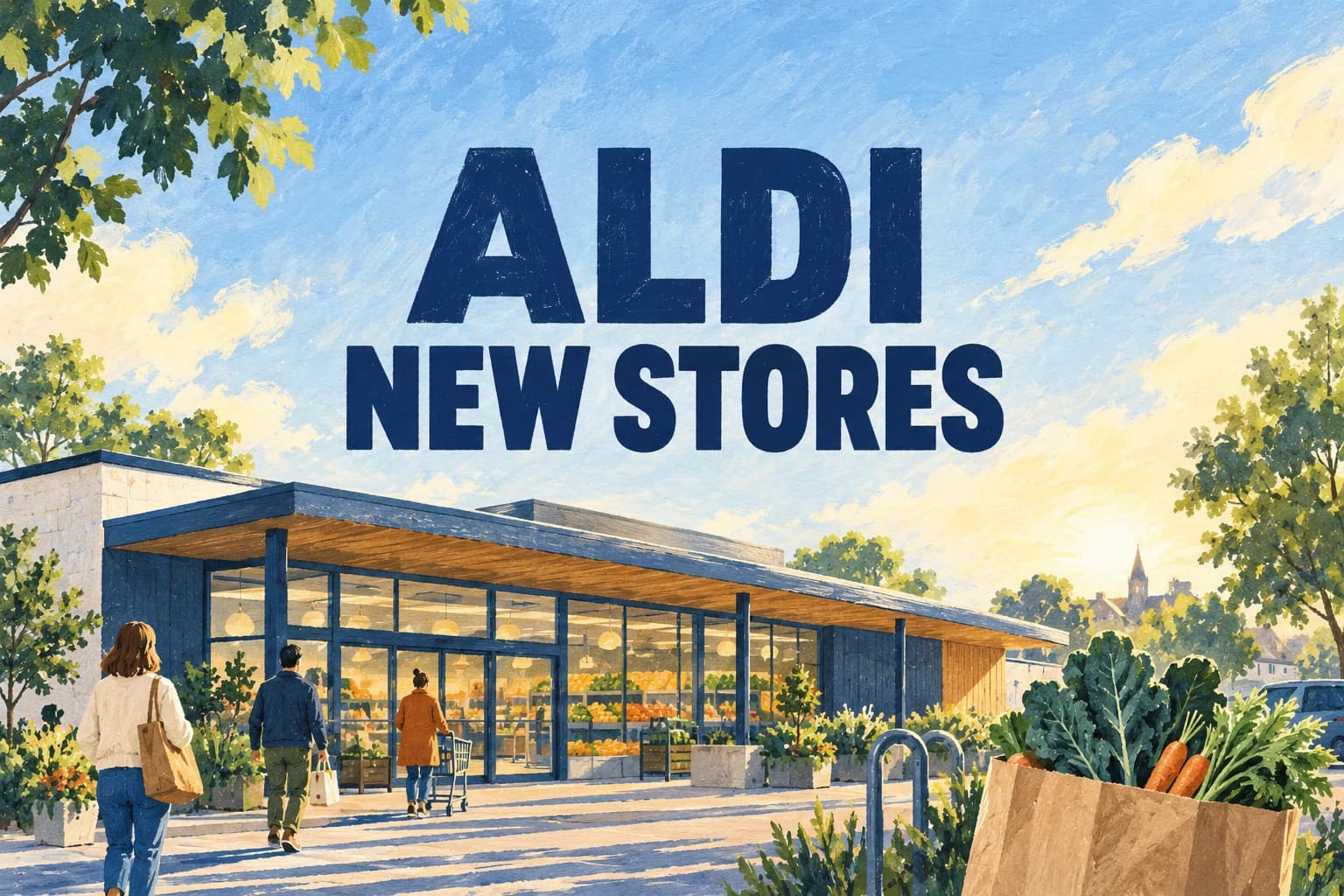 ALDI NEW STORES in large navy lettering above a painted neighborhood grocery store