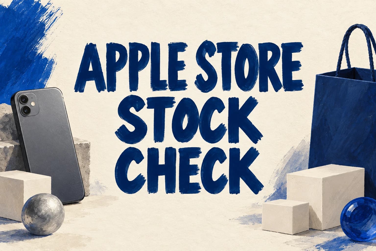 APPLE STORE STOCK CHECK in navy brush lettering beside an unbranded phone, boxes and shopping bag