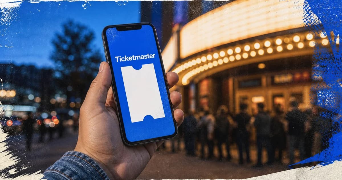 Hand holding a Ticketmaster ticket on a phone outside a concert venue at night