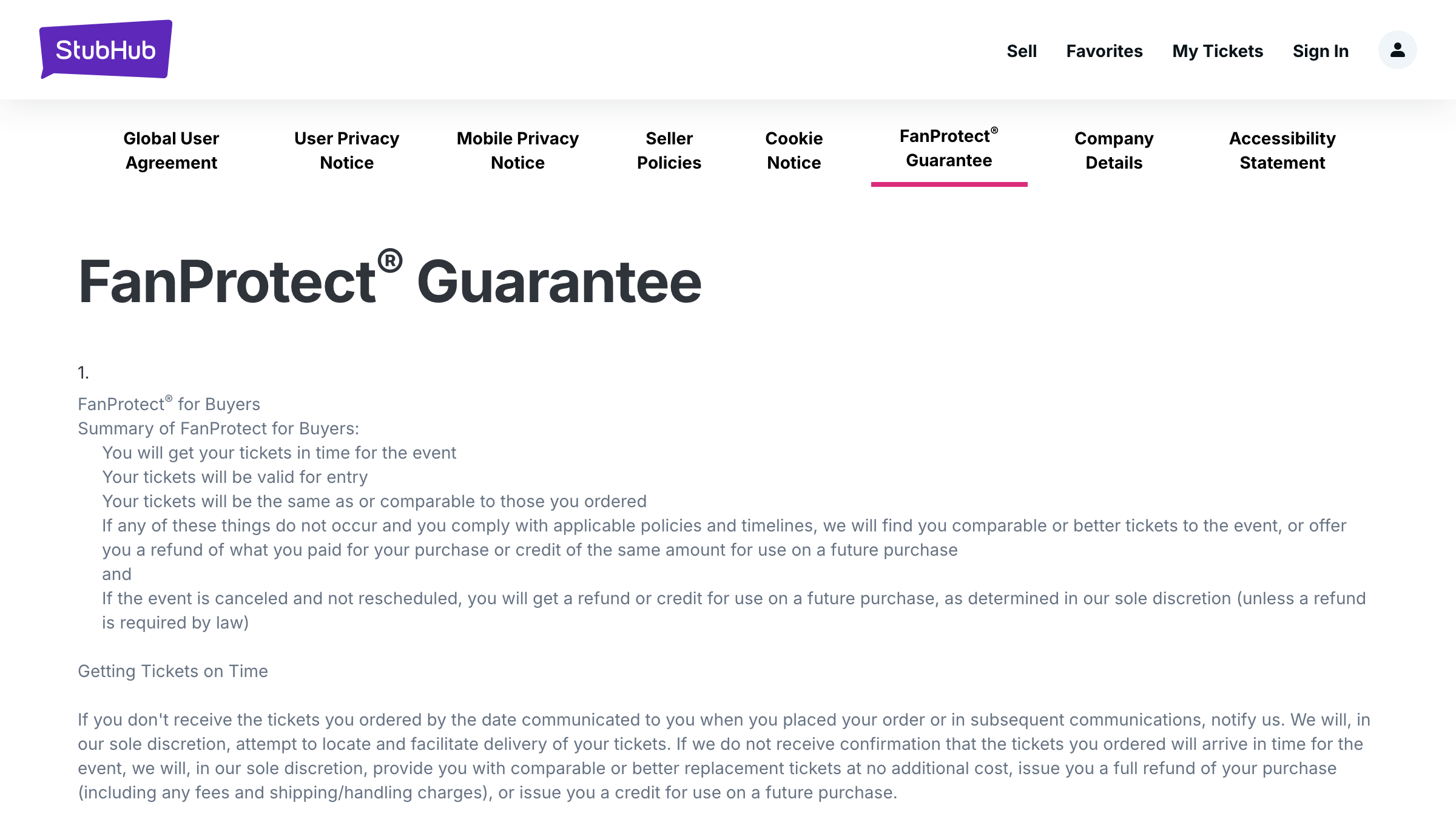 StubHub FanProtect Guarantee summary for ticket buyers