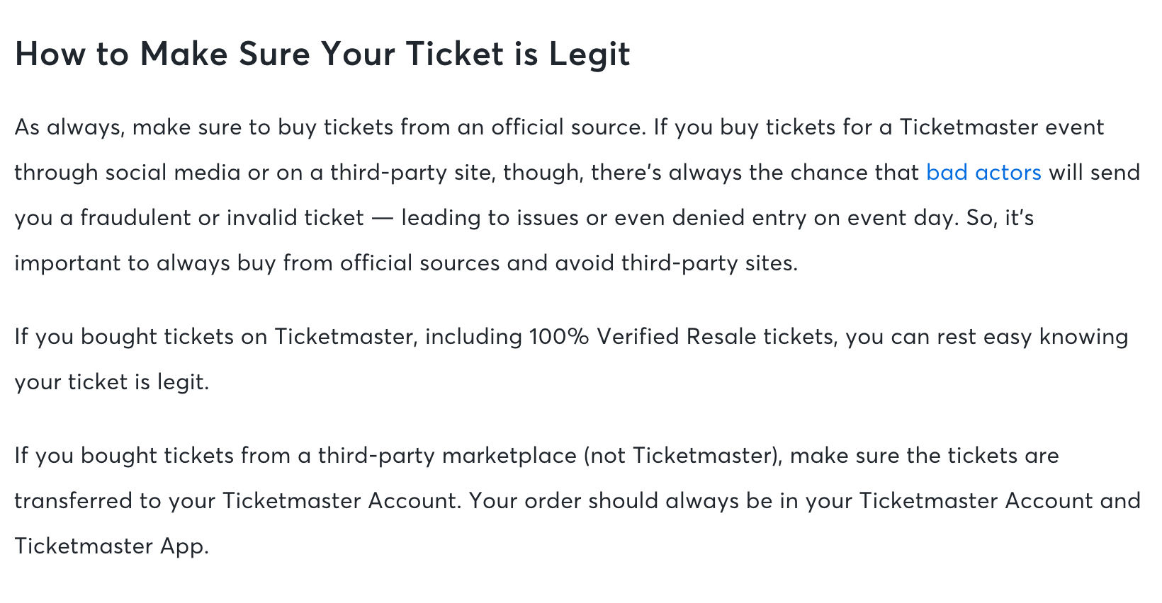 Ticketmaster article section explaining how to verify a legitimate ticket