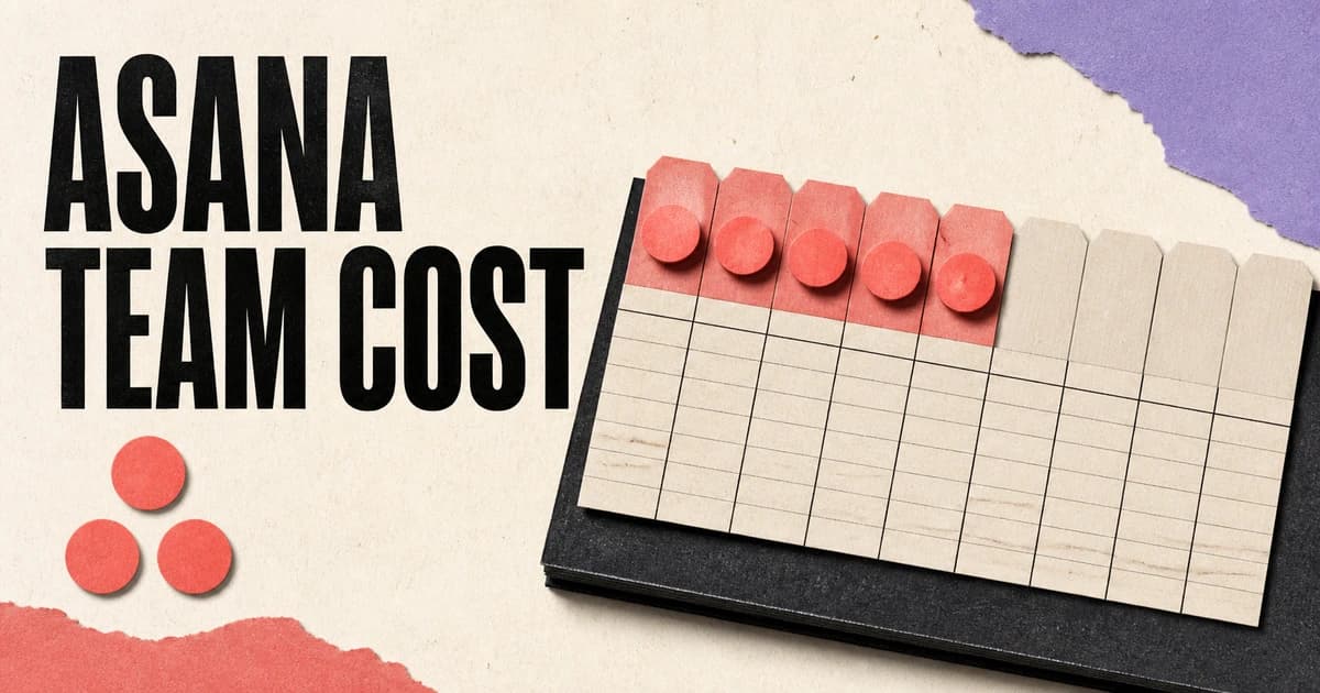 Asana Team Cost headline beside five filled seats and four empty paid seat tabs in a tactile paper ledger