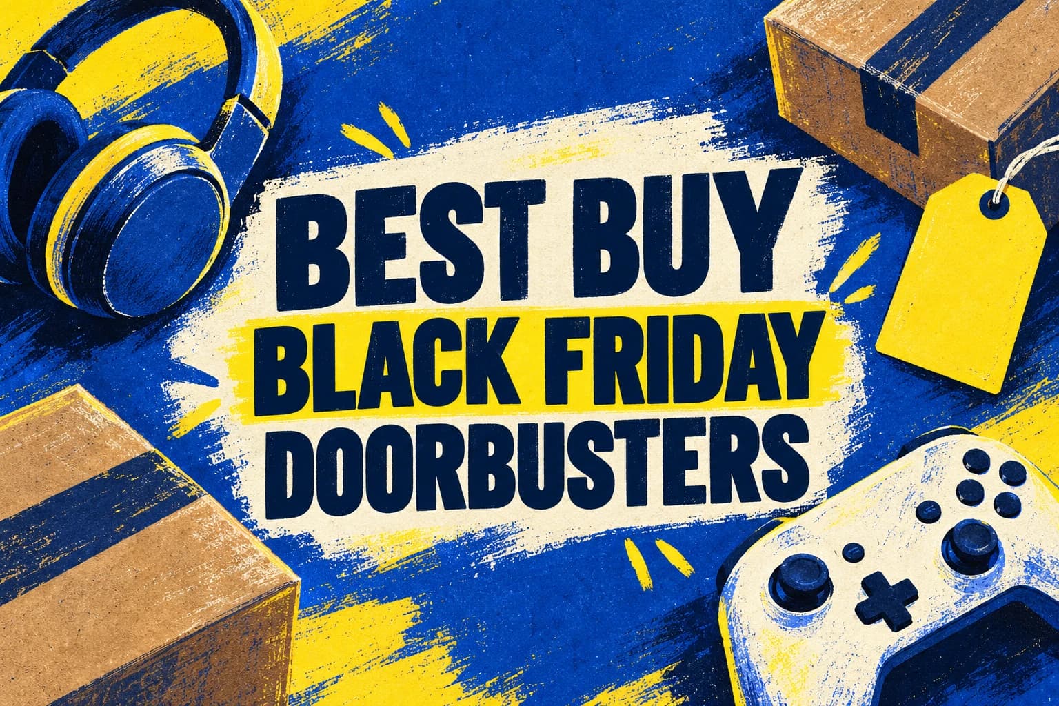 BEST BUY BLACK FRIDAY DOORBUSTERS in a tactile blue and yellow electronics illustration