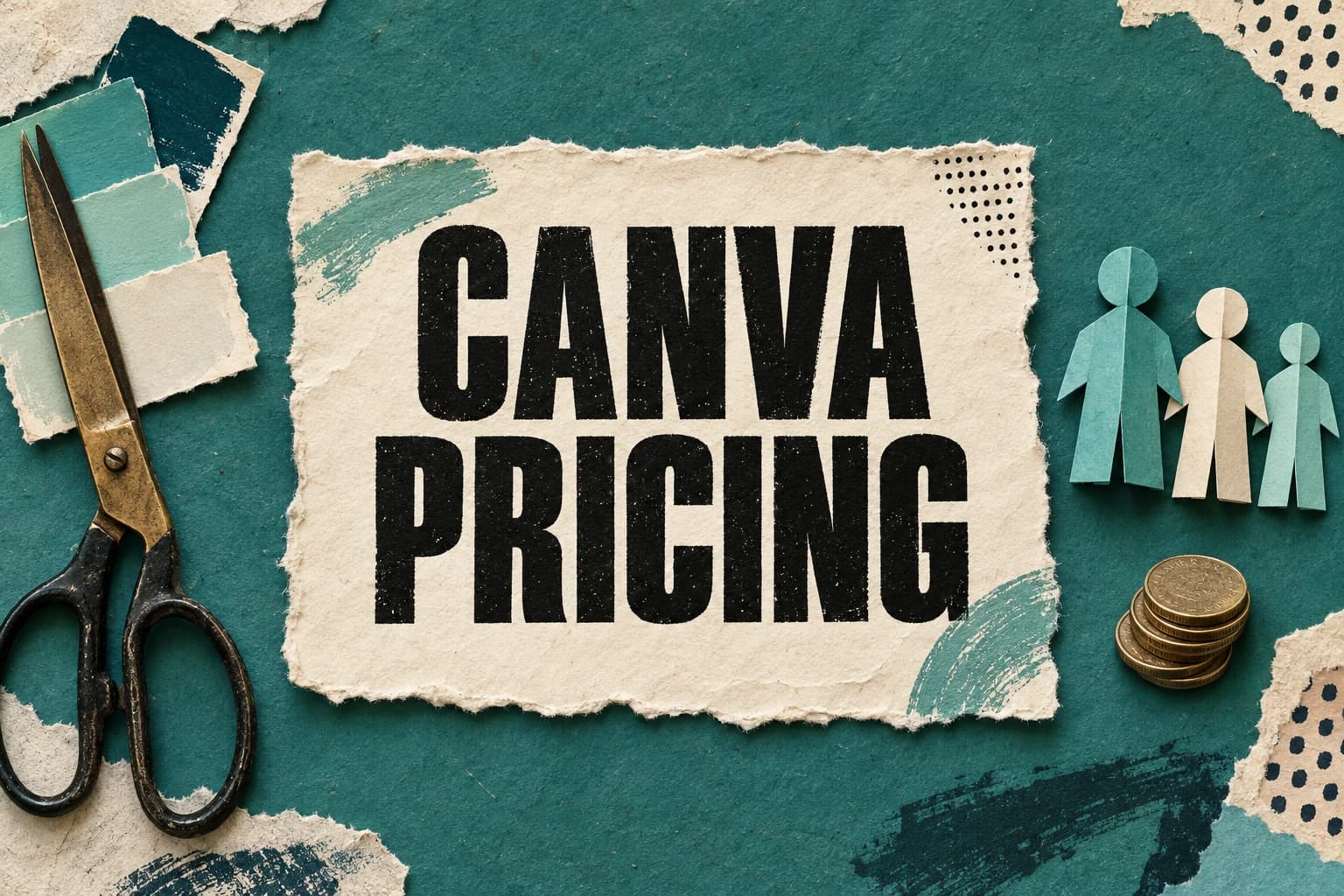CANVA PRICING on cream paper, surrounded by scissors, color swatches, folded paper people and coins