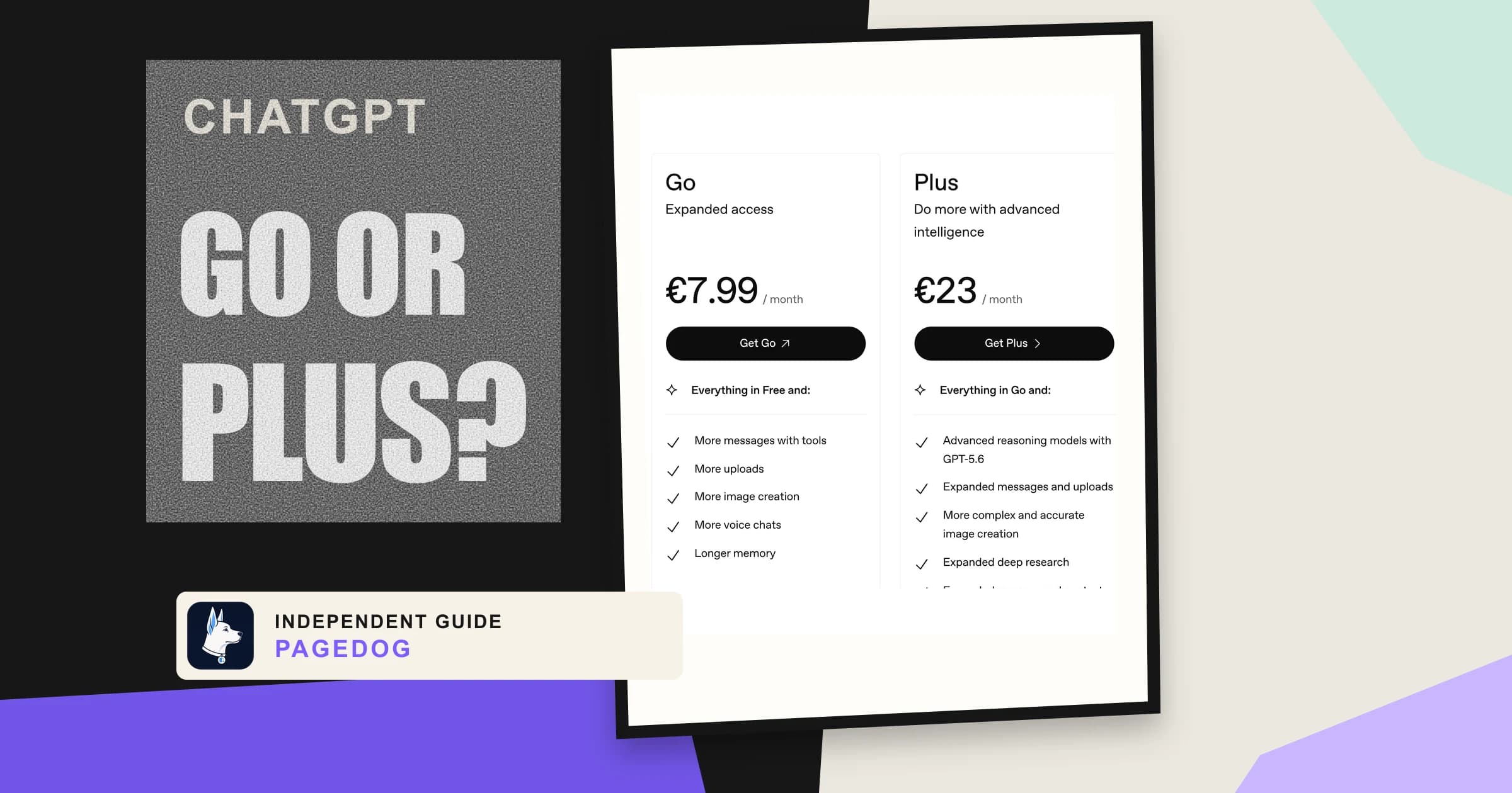 ChatGPT Go or Plus headline beside recognizable official Go and Plus pricing cards and PageDog branding