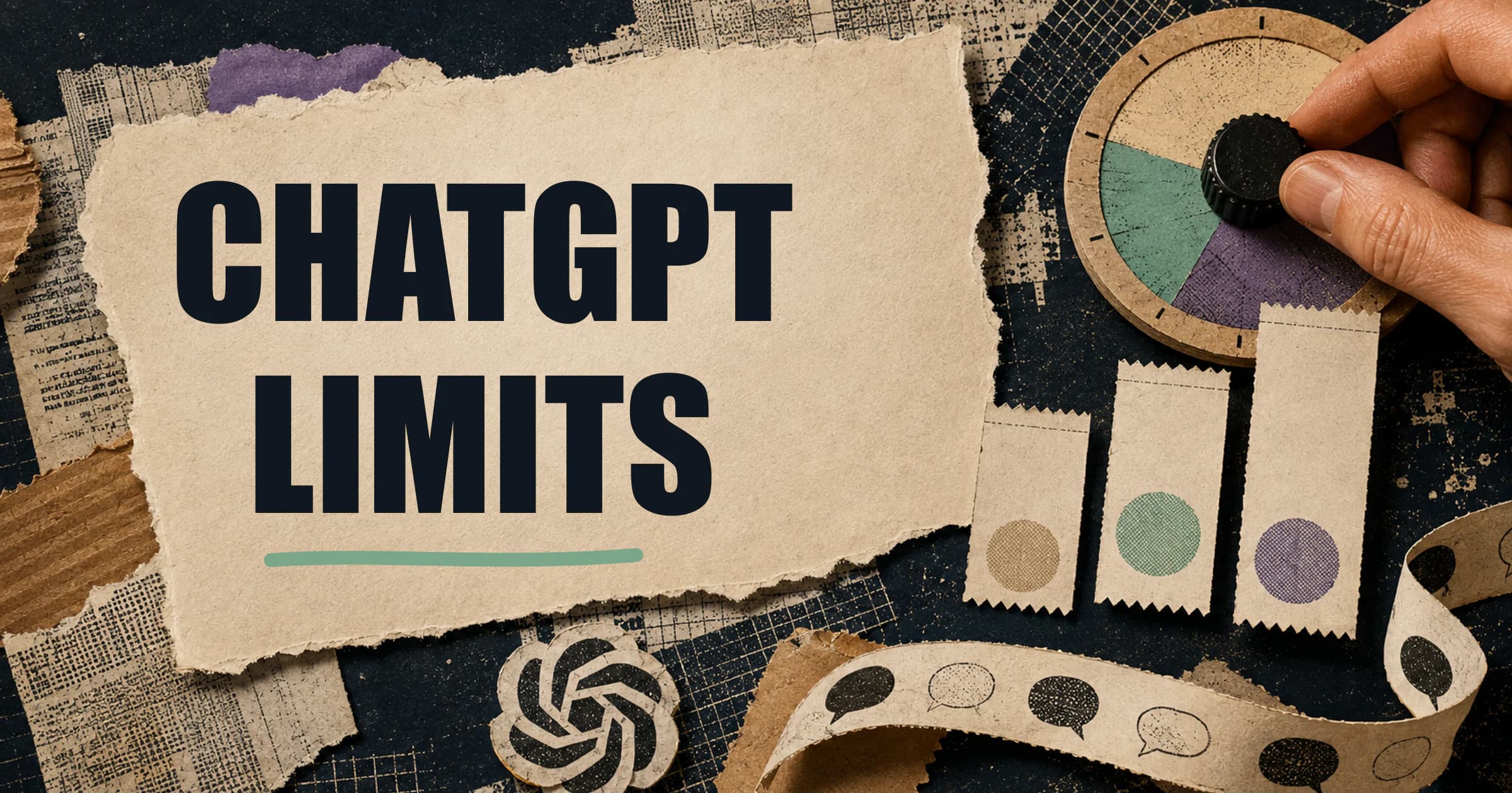 ChatGPT Limits printed on torn cream paper beside a physical reset dial, allowance slips, and a paper conversation ribbon