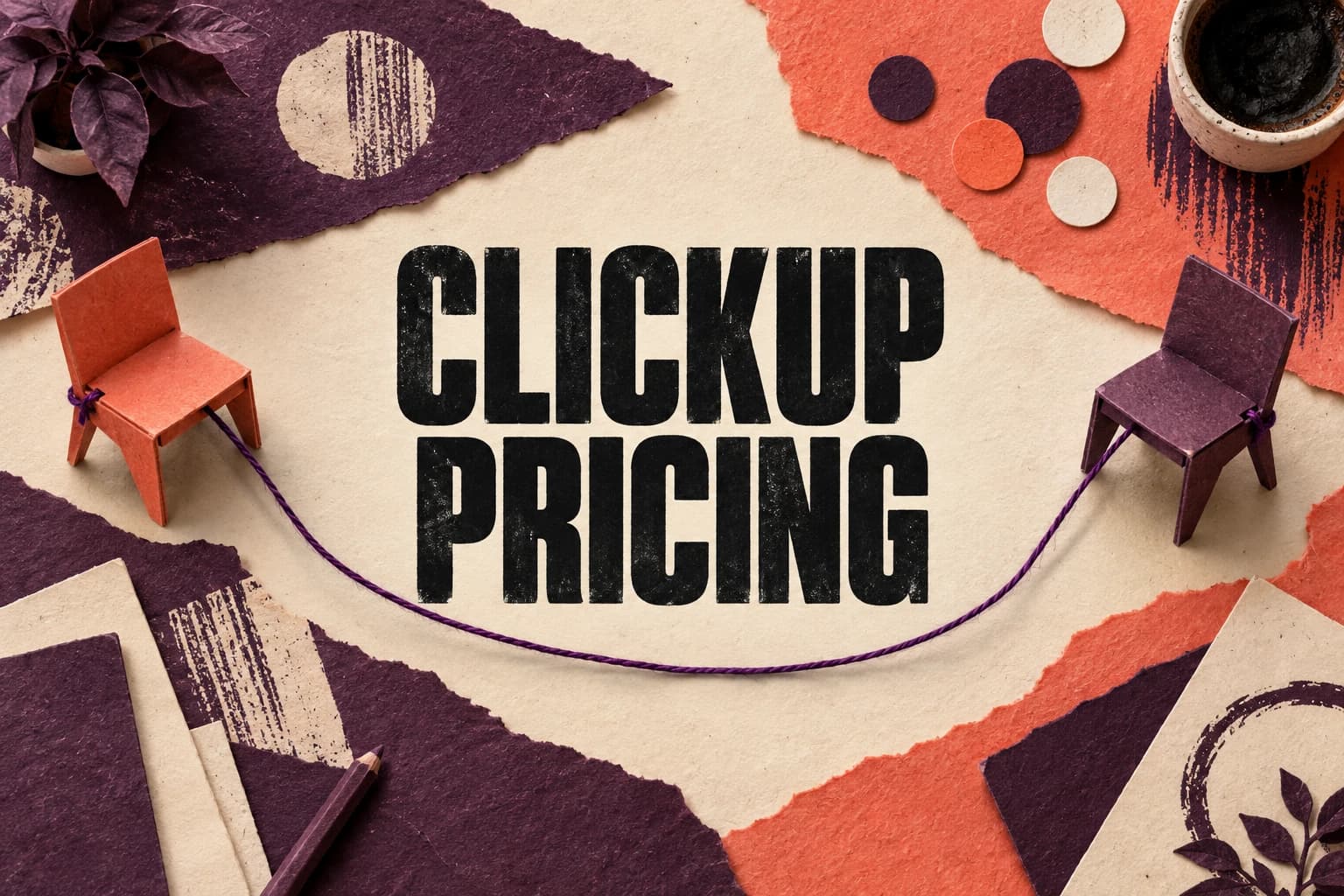 CLICKUP PRICING in large black letters on cream paper with plum and coral paper chairs and connecting thread