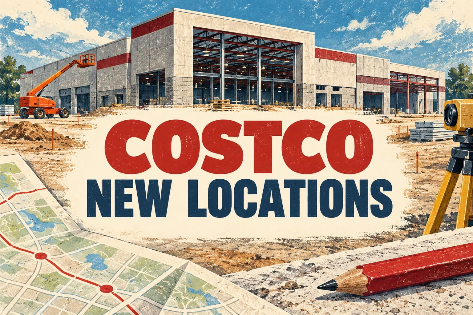 COSTCO NEW LOCATIONS in a painted warehouse construction and town-map scene