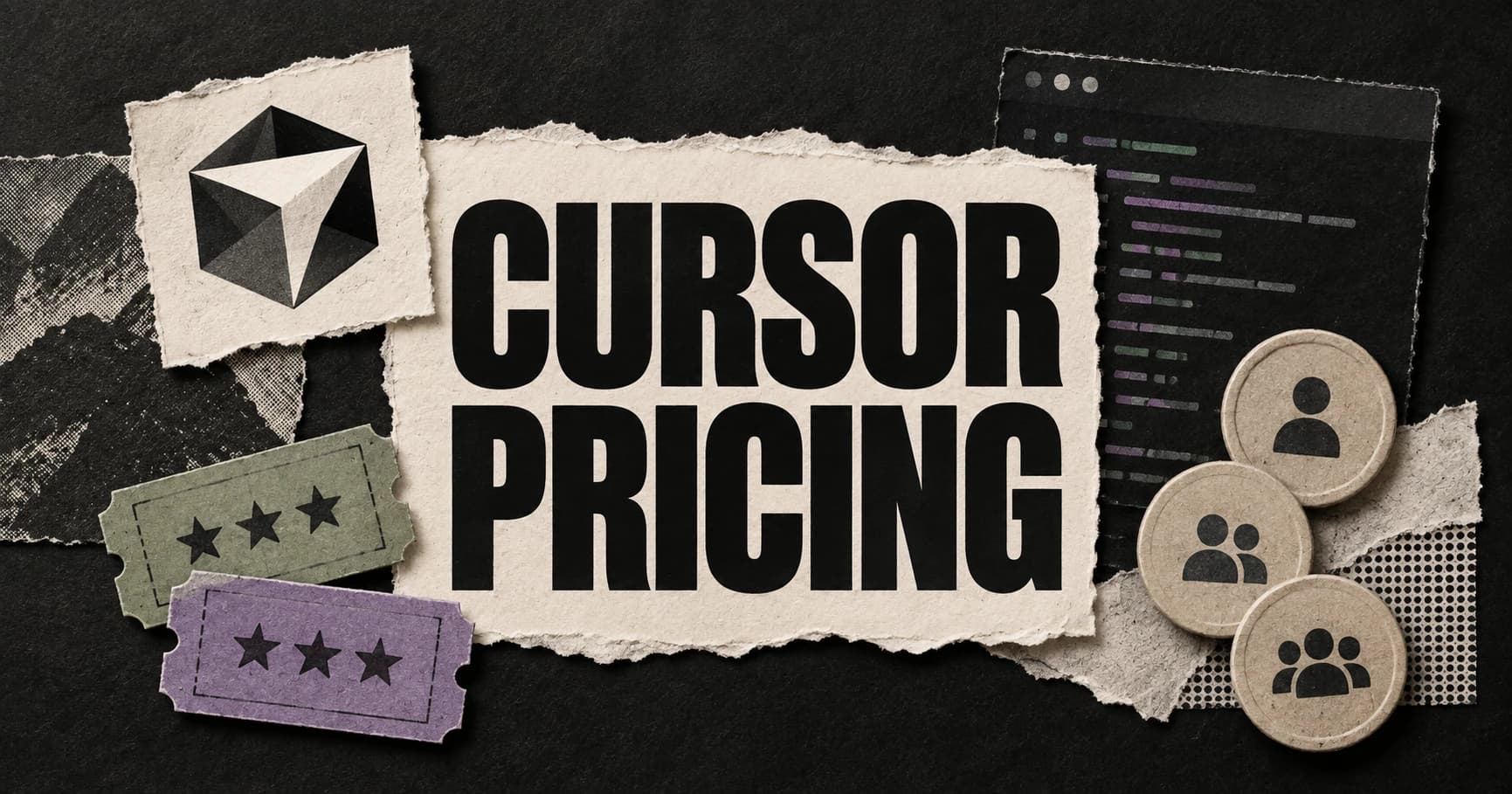 Cursor Pricing printed on torn cream paper beside a faceted Cursor cue, code panel, allowance tickets, and team-seat tokens