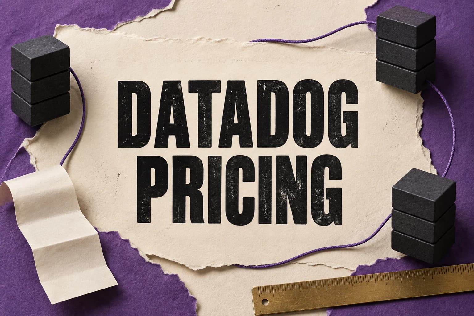DATADOG PRICING in black letters on cream paper surrounded by purple paper, charcoal blocks and a blank receipt