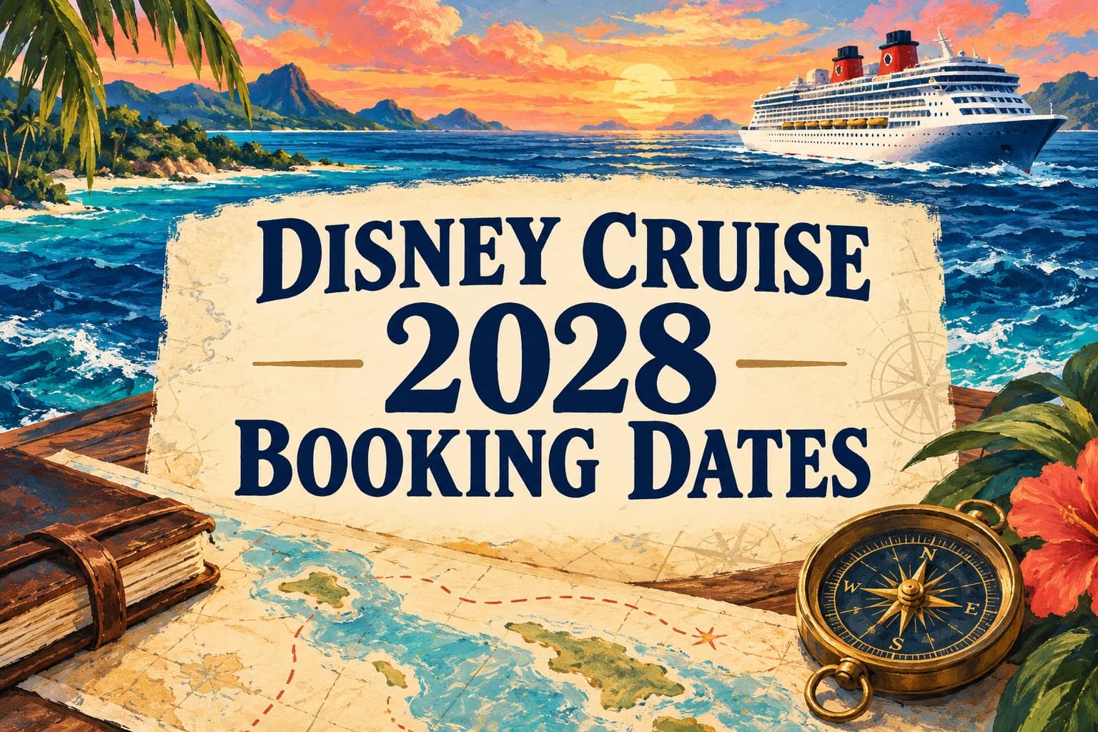 DISNEY CRUISE 2028 BOOKING DATES in a painted nautical scene