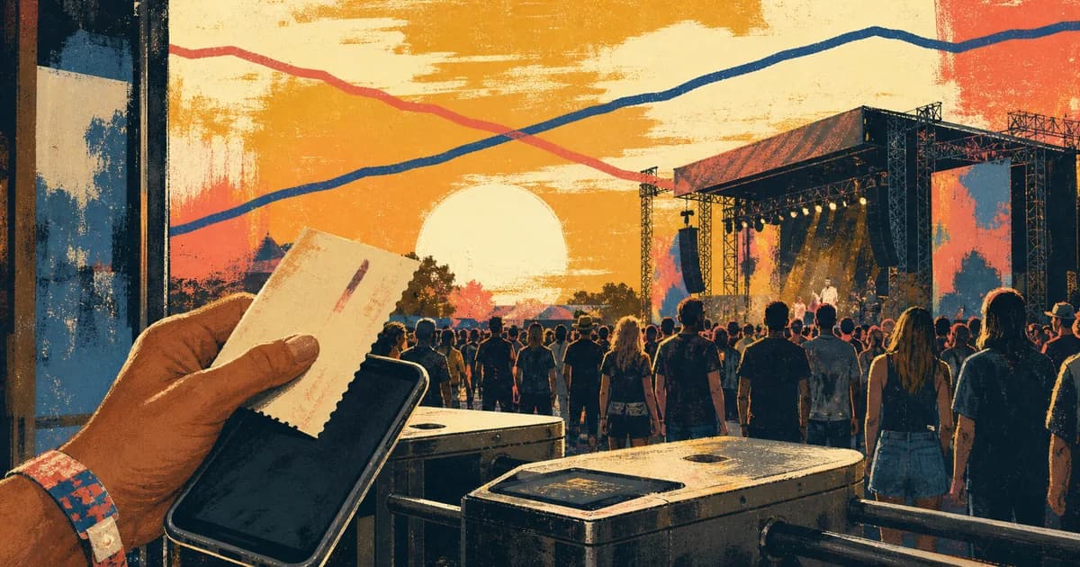 Screen-printed concert crowd at sunset with a hand holding a phone and ticket at the gate