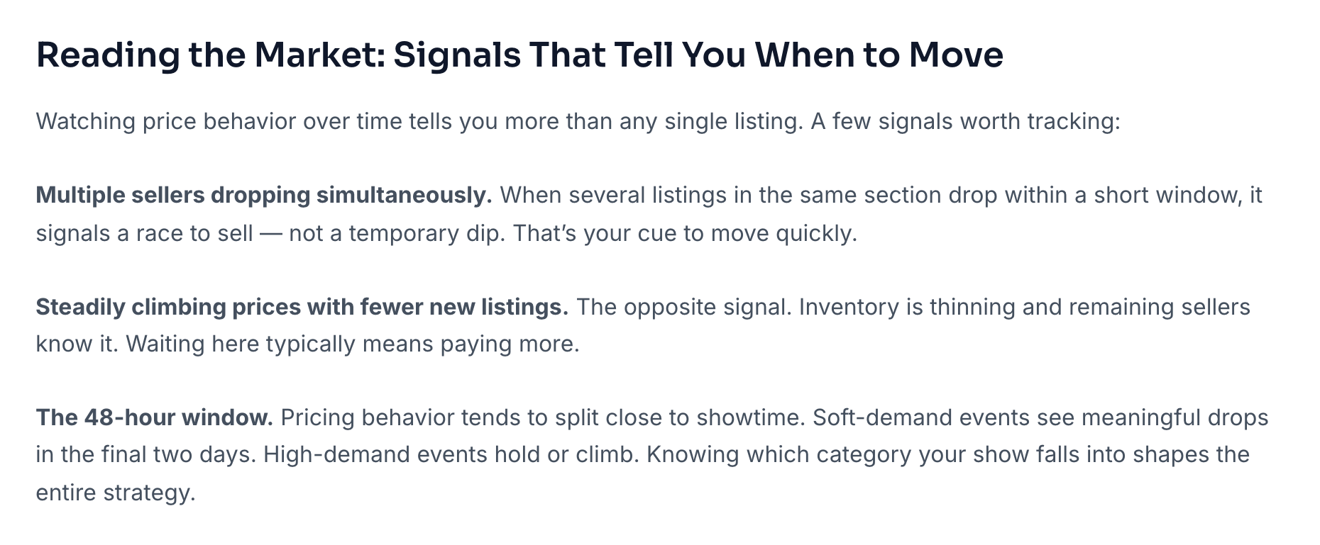 StubHub article showing last-minute ticket price signals