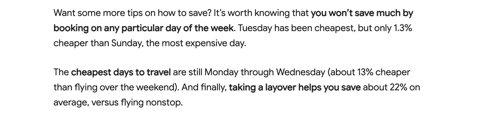 Google travel article showing the small Tuesday buying difference and larger weekday travel difference