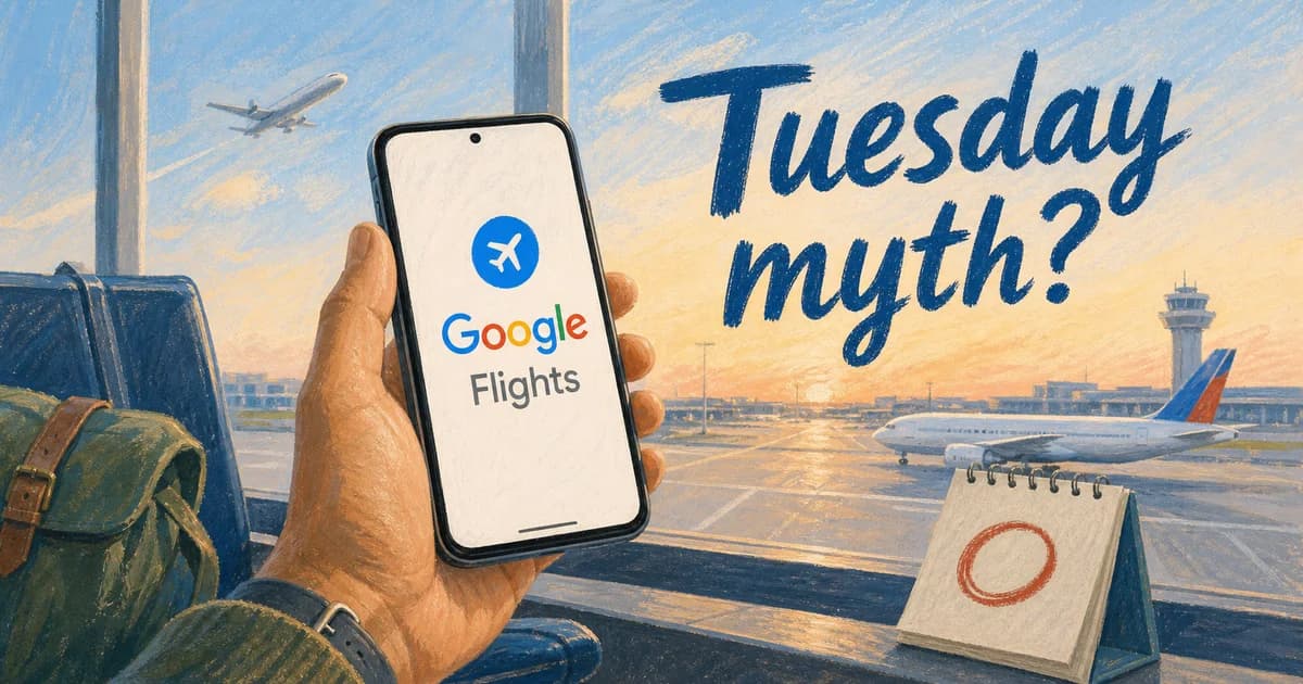 Painterly airport scene with a Google Flights phone and the headline Tuesday myth