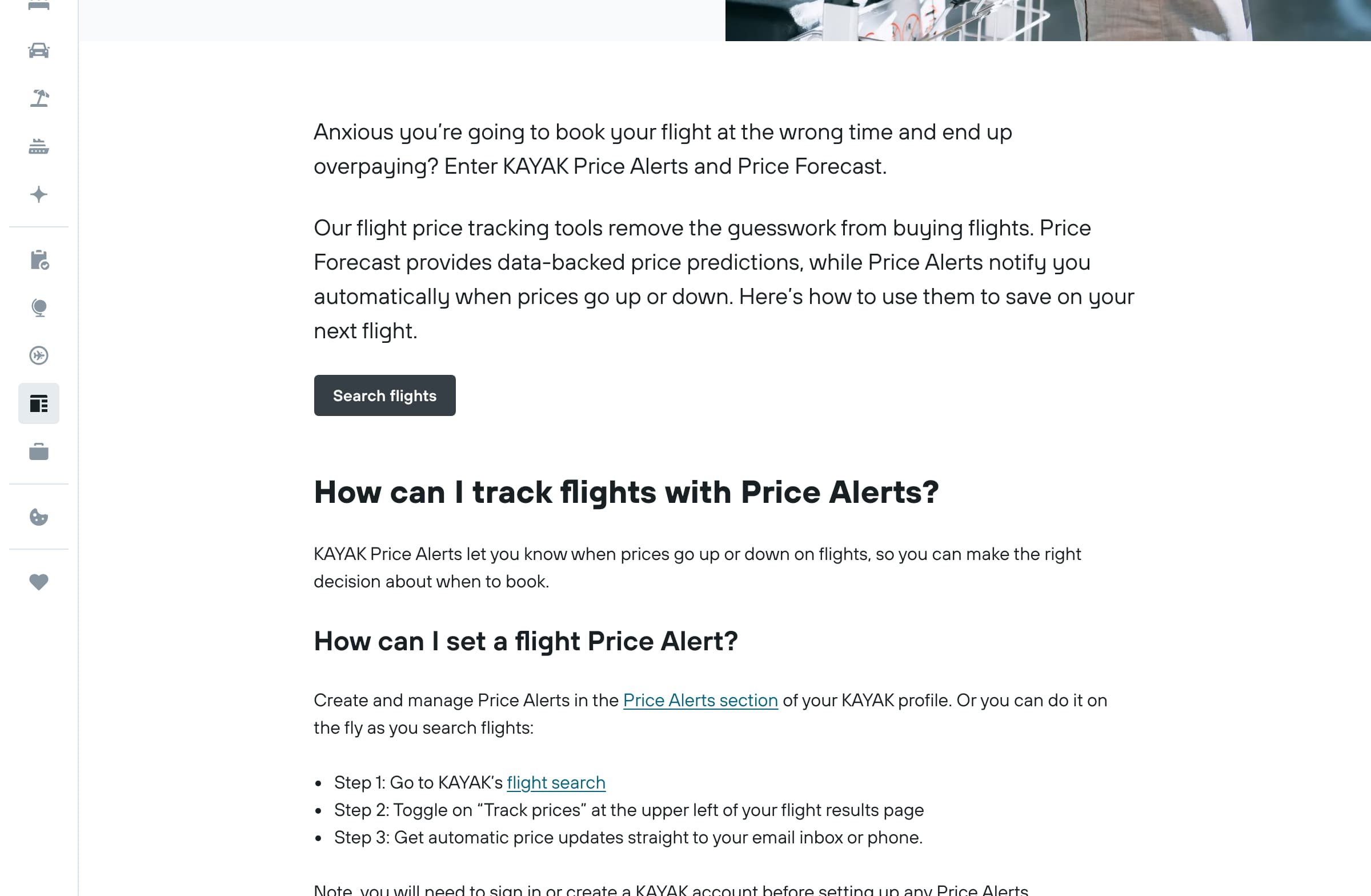 KAYAK guide showing how flight Price Alerts are configured