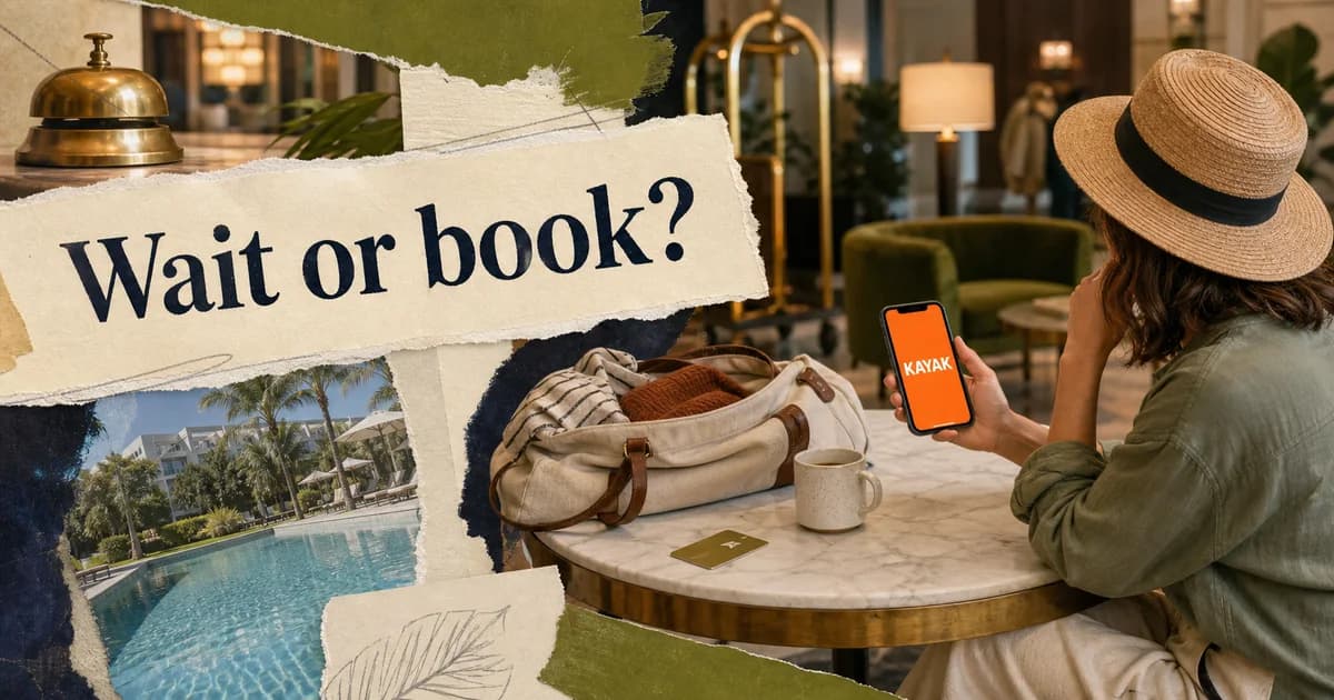 Collage of a traveler in a hotel lobby checking KAYAK beneath the headline Wait or book