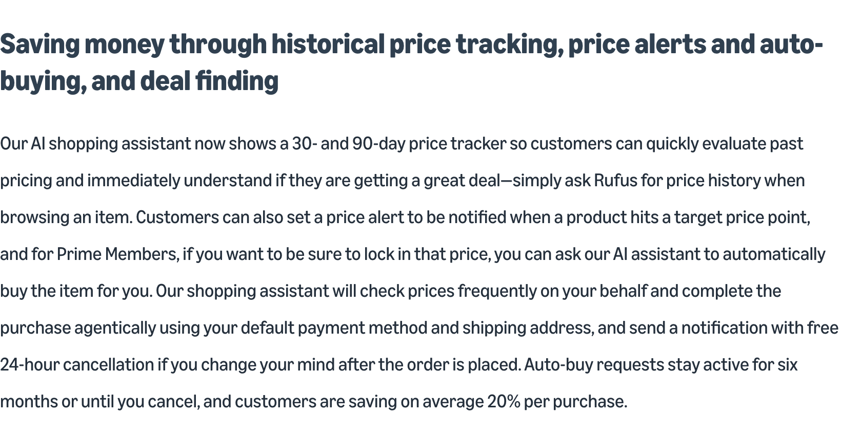 Amazon News section describing product price history and target-price alerts