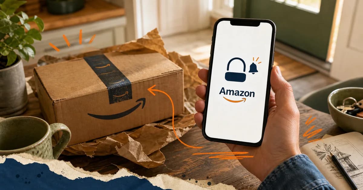 Hand holding a phone labeled Amazon beside a delivered parcel and price-alert motif