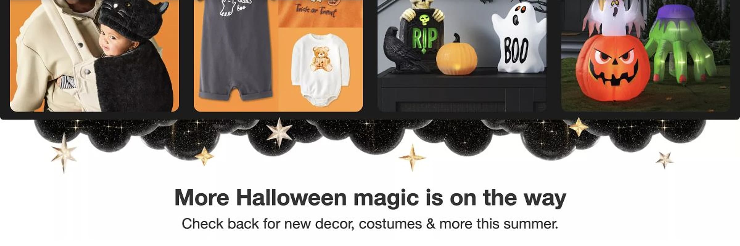 Target Halloween category showing current product modules above the message More Halloween magic is on the way