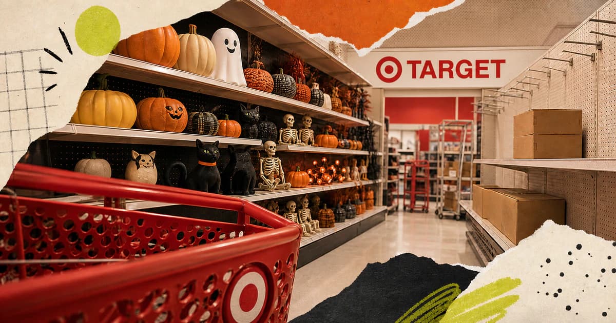 Red Target cart entering a Halloween aisle that is stocked on one side and still being unpacked on the other beneath a TARGET sign in a tactile editorial collage