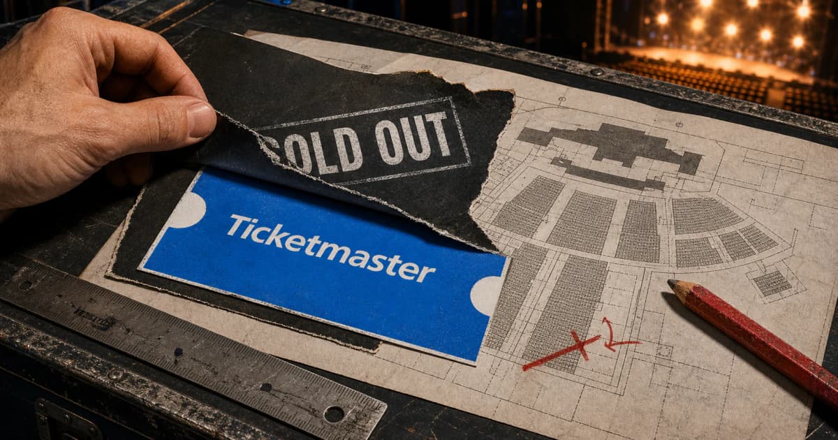 Backstage production plan revealing a blue Ticketmaster ticket beneath torn sold-out paper