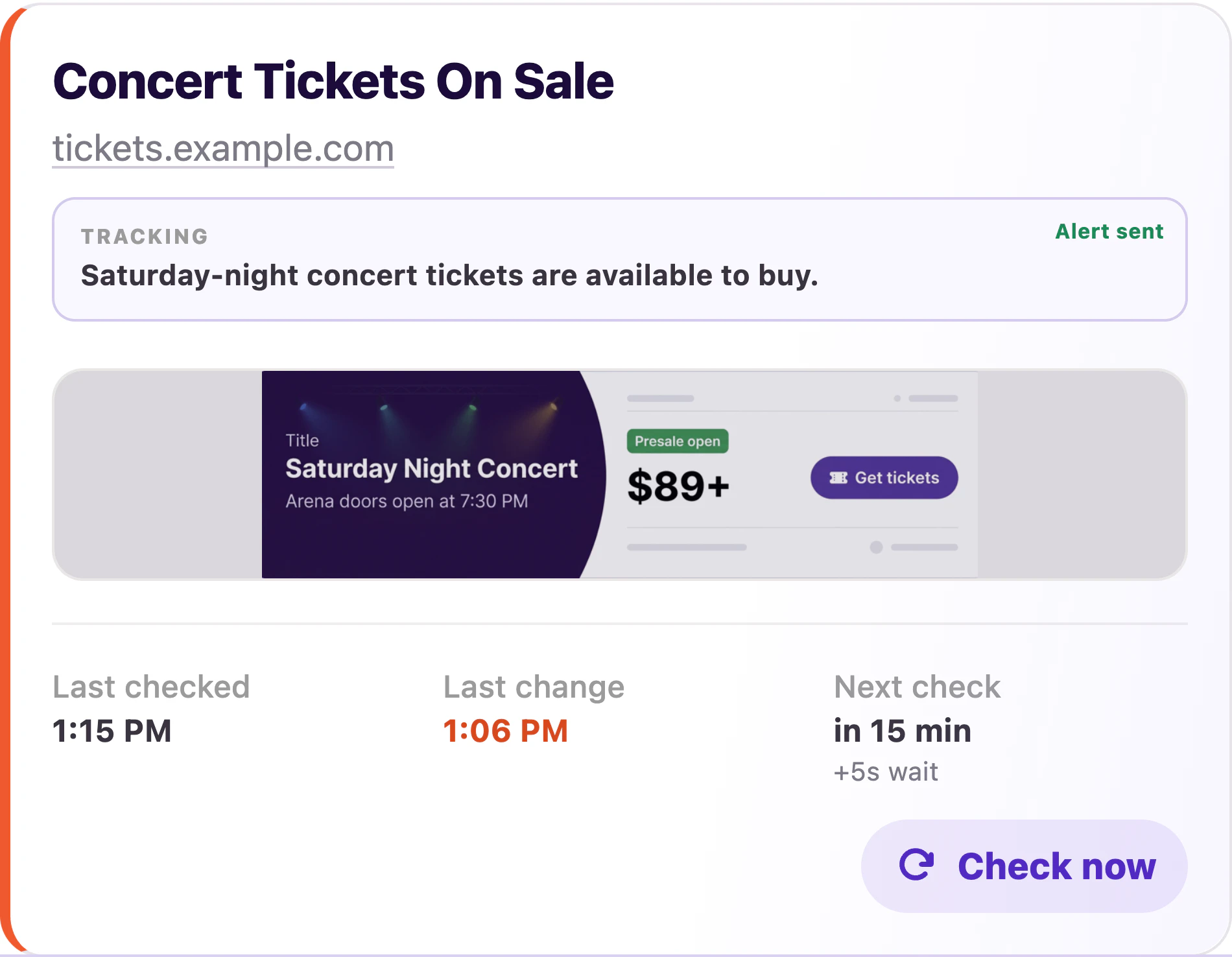PageDog Concert Tickets On Sale watch card showing its tracking goal and alert status