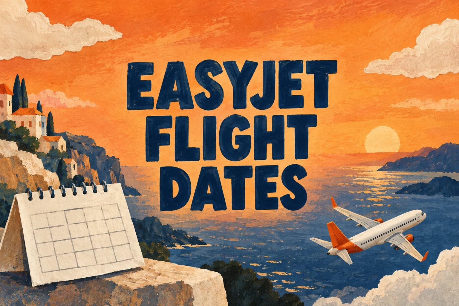EASYJET FLIGHT DATES in navy editorial lettering above an unbranded airplane and a paper calendar