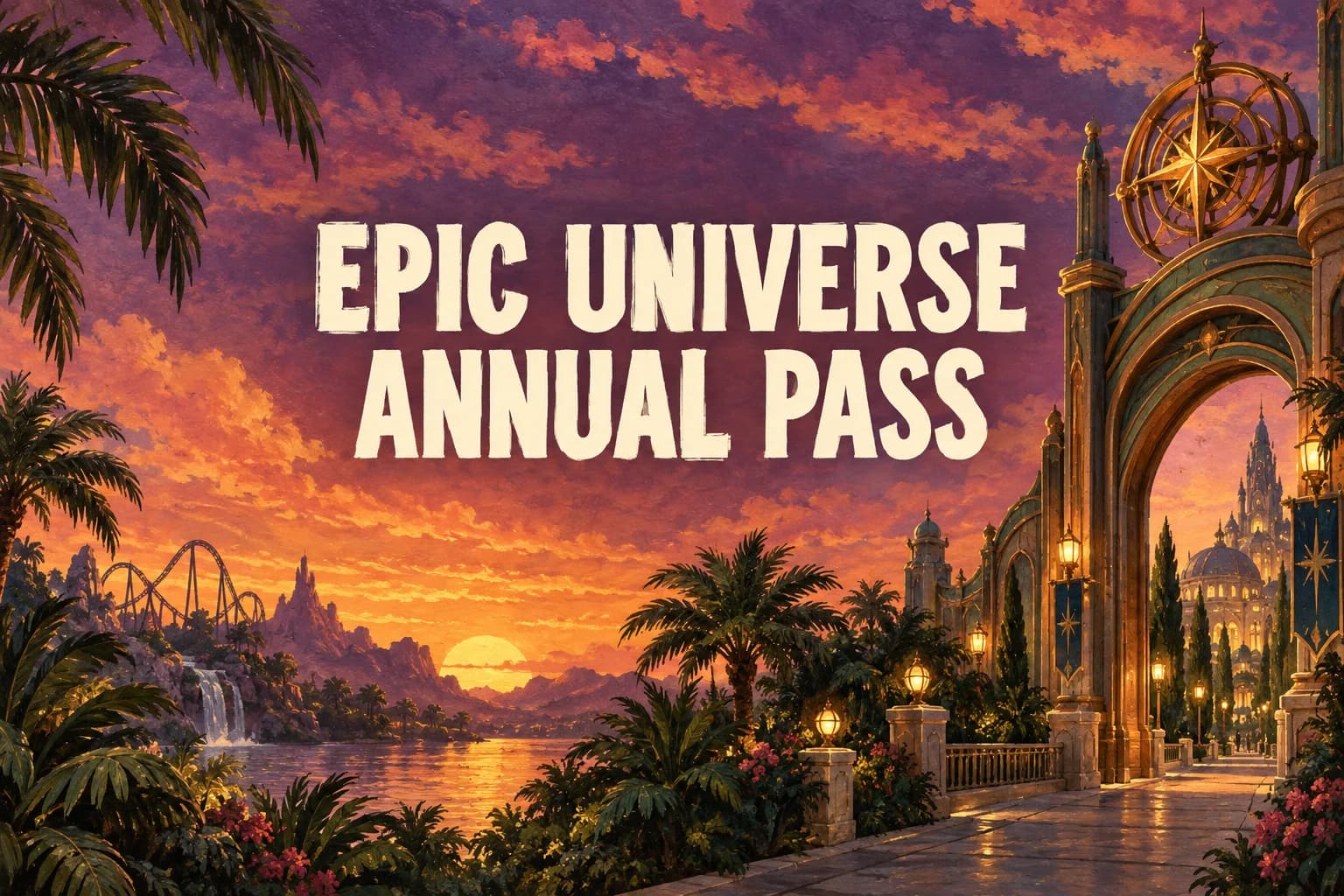 EPIC UNIVERSE ANNUAL PASS in cream lettering beside a painted theme-park gateway at sunset