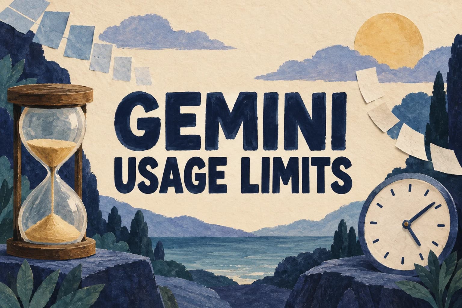 GEMINI USAGE LIMITS in navy hand-painted letters between an hourglass and an analog clock