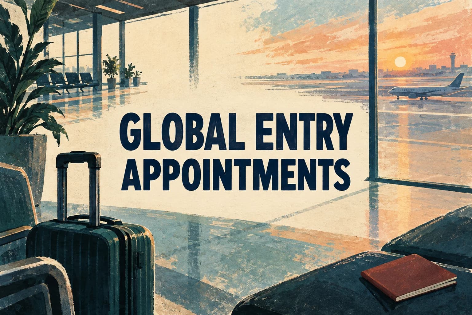 GLOBAL ENTRY APPOINTMENTS in large central lettering over a painted airport terminal
