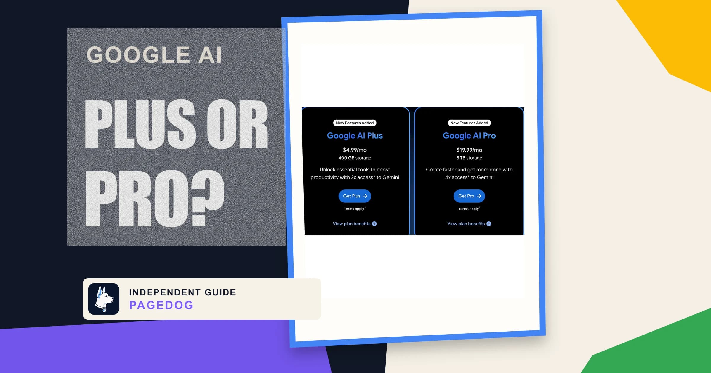 Google AI Plus or Pro headline beside recognizable official plan cards and PageDog branding
