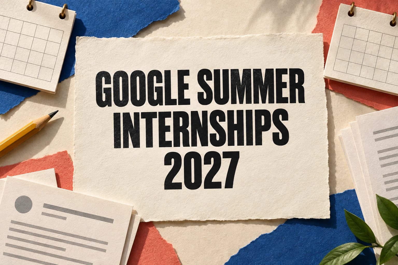 Google Summer Internships 2027 in black letters on cream paper surrounded by calendars and résumé sheets