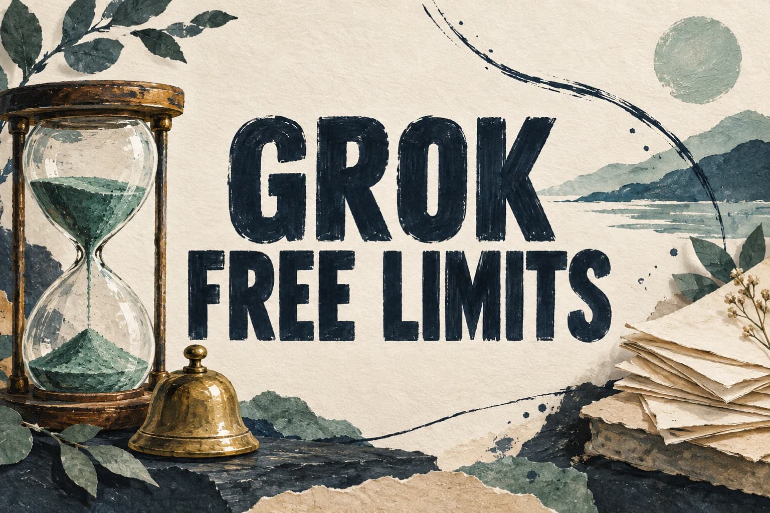 GROK FREE LIMITS in bold navy lettering beside a painted hourglass and brass bell
