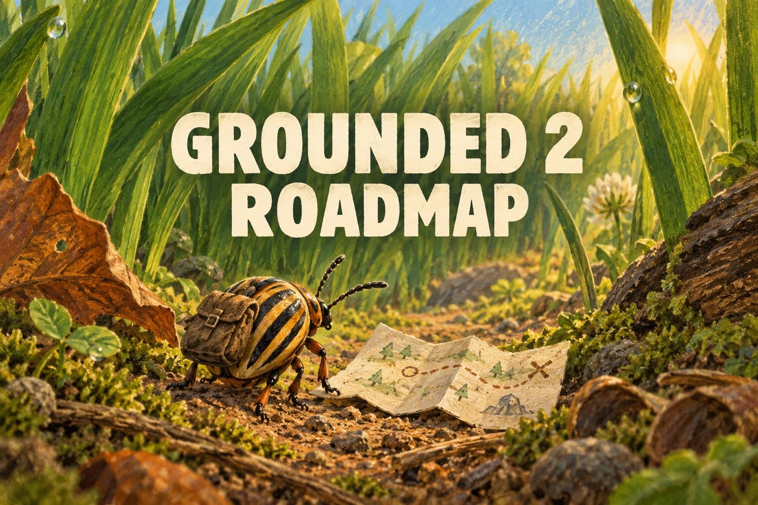 GROUNDED 2 ROADMAP in cream lettering over a painted miniature expedition among grass blades