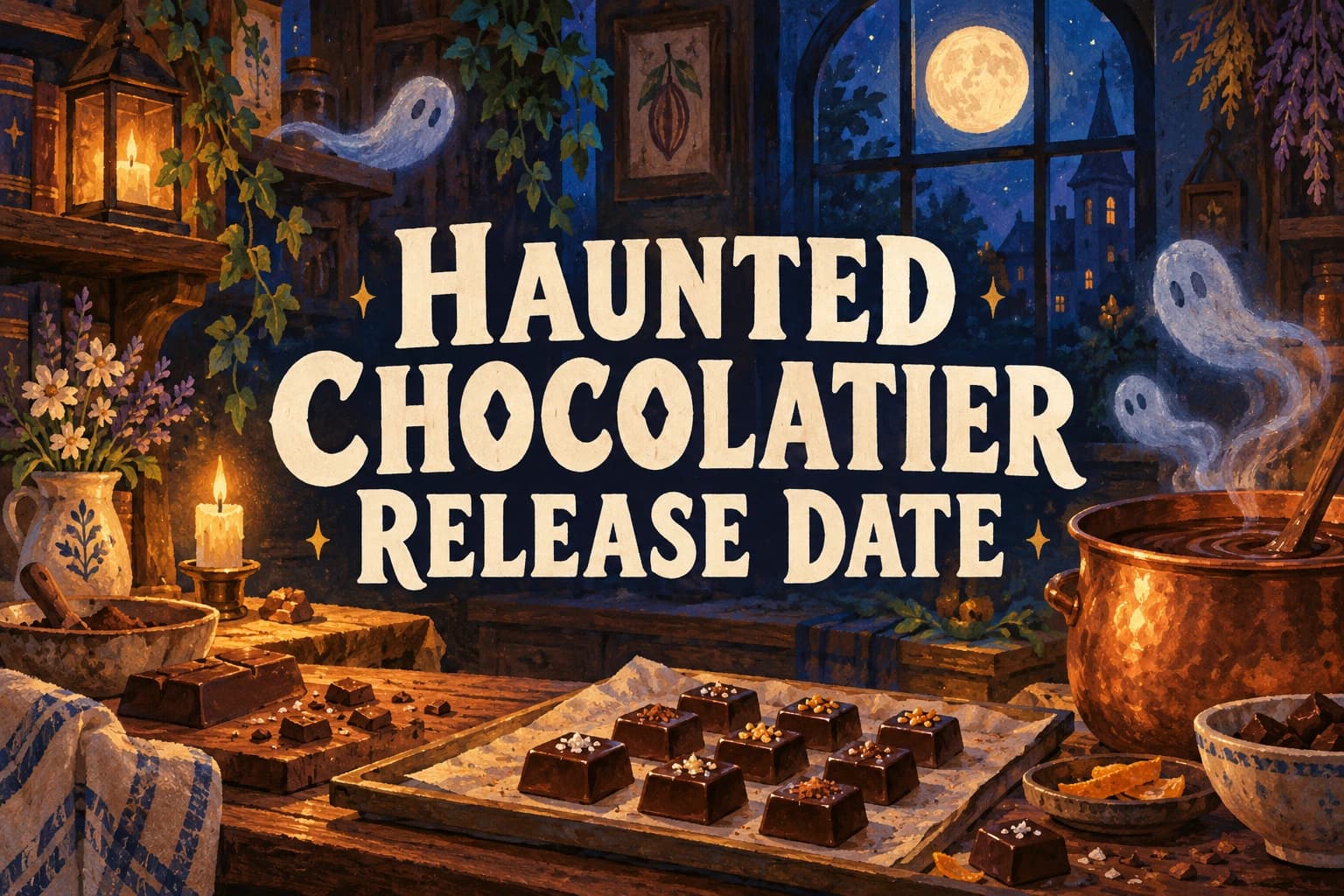 HAUNTED CHOCOLATIER RELEASE DATE above an original moonlit chocolate workshop