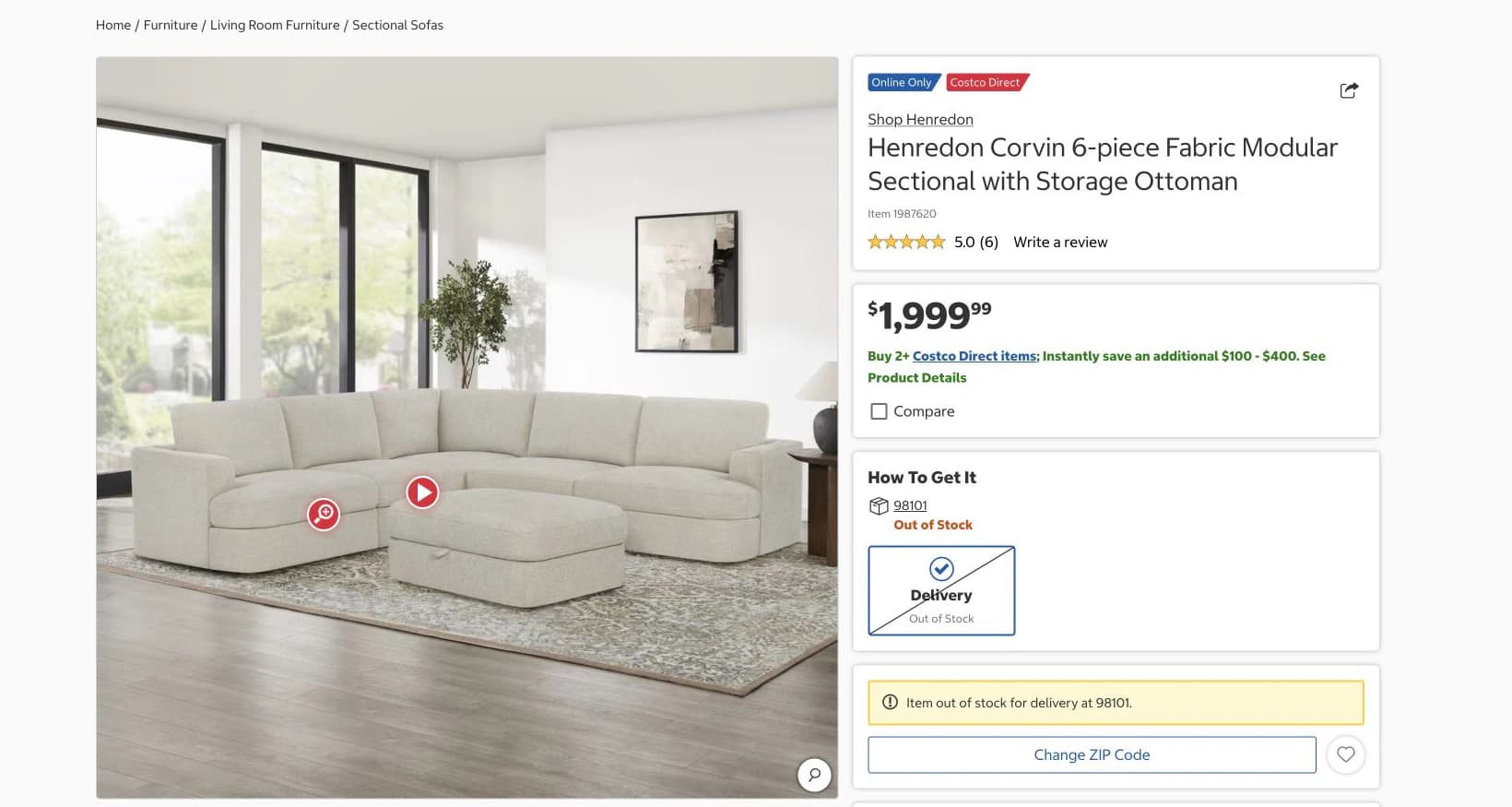 Costco product page showing Henredon Corvin item 1987620 and Out of Stock for ZIP 98101