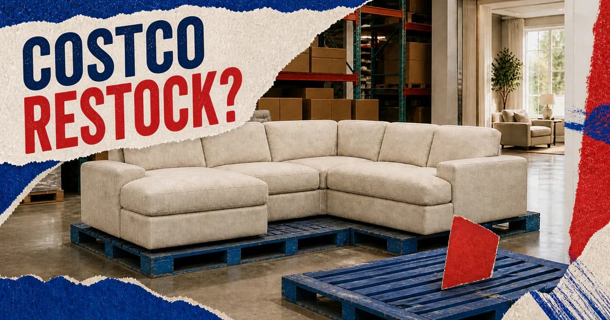 Costco Restock headline above an oatmeal sectional on blue warehouse pallets beside an empty pallet in a tactile editorial collage
