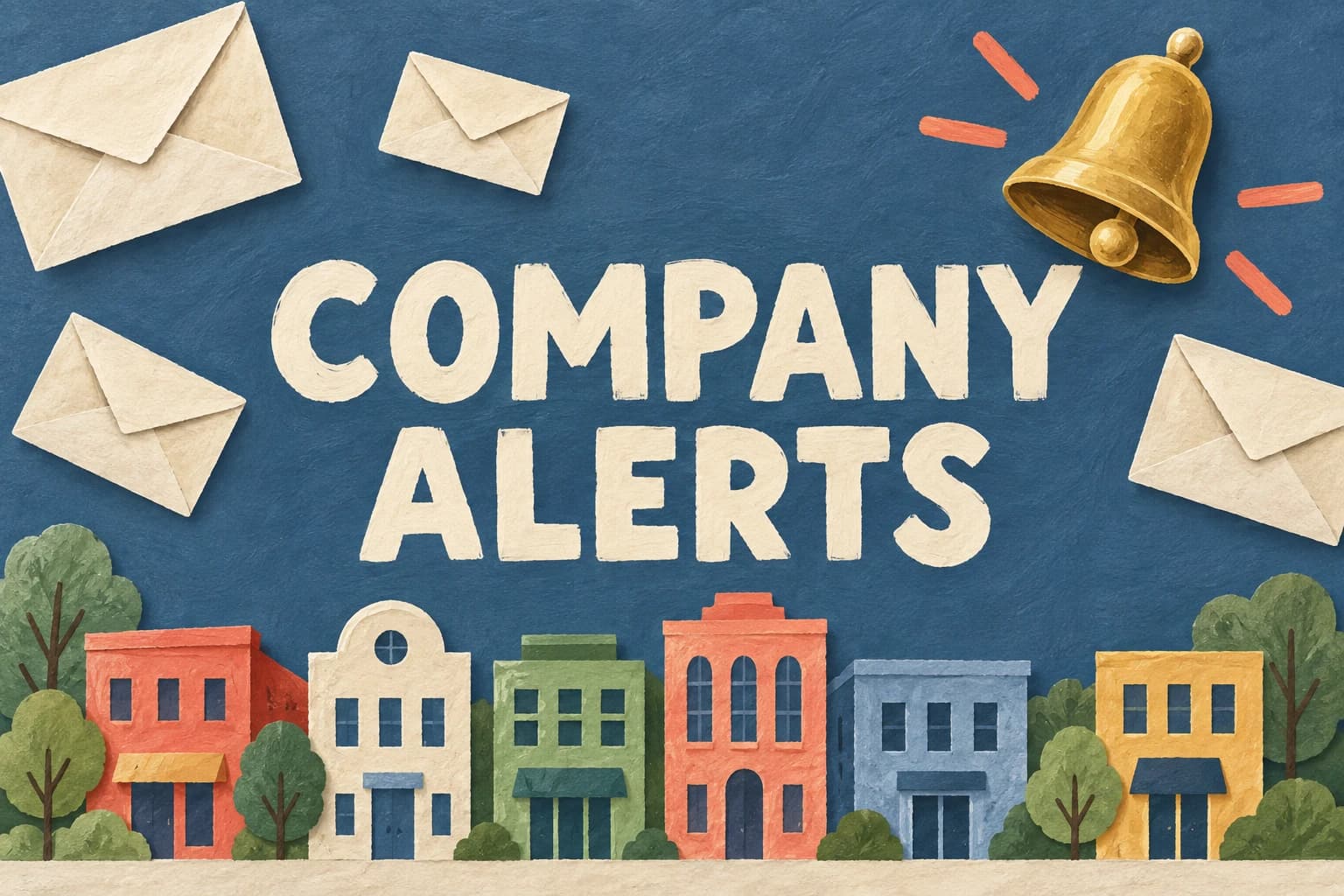 COMPANY ALERTS in large cream letters above illustrated buildings with envelopes and a brass bell