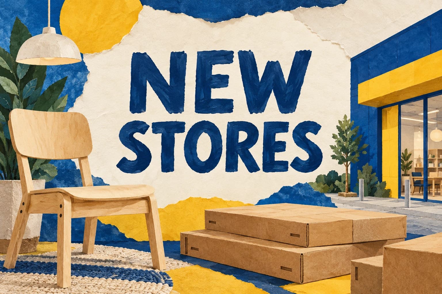 NEW STORES in blue lettering beside flat-pack furniture and an original blue-and-yellow storefront
