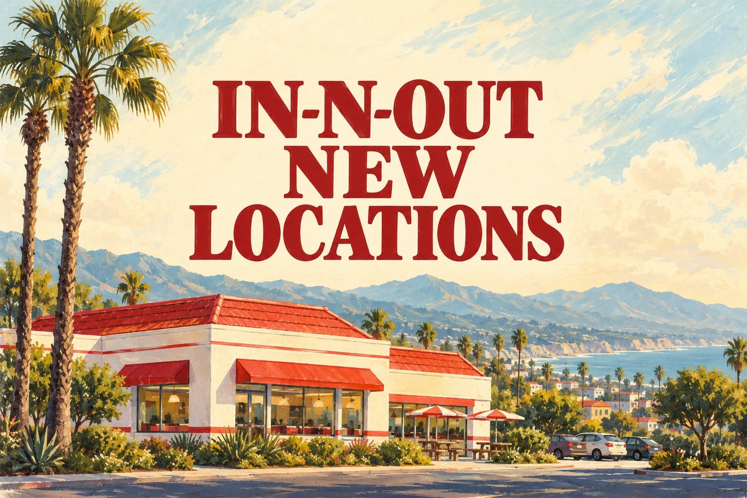 IN-N-OUT NEW LOCATIONS above a painted restaurant and palm trees