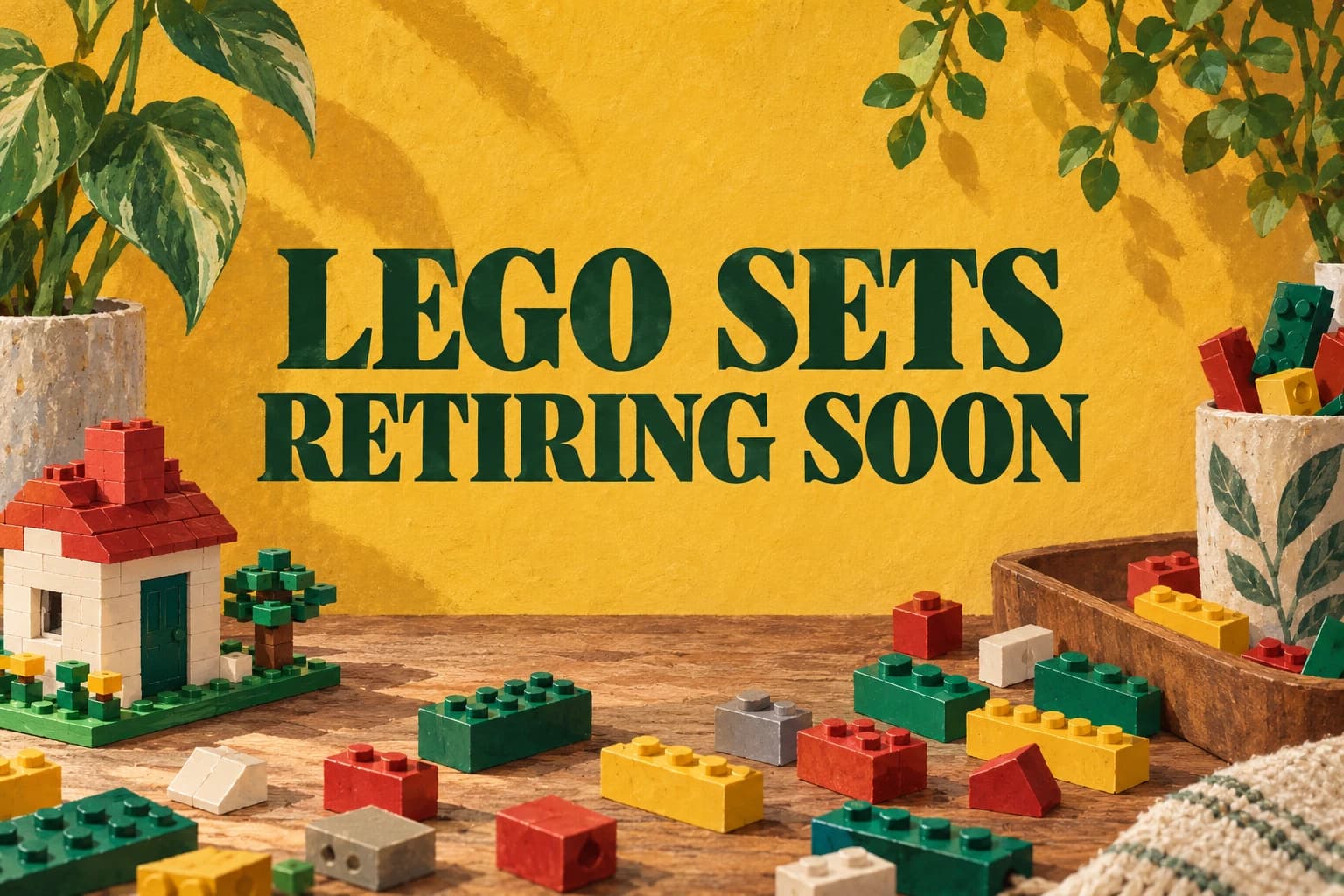 LEGO SETS RETIRING SOON above painted toy bricks on a warm cream background