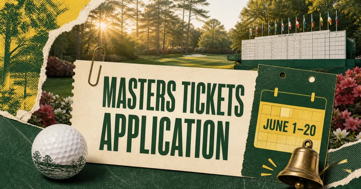 Masters Tickets Application headline on a cream paper form beside a June 1–20 calendar, golf ball, reminder bell, azaleas, and a tournament scoreboard